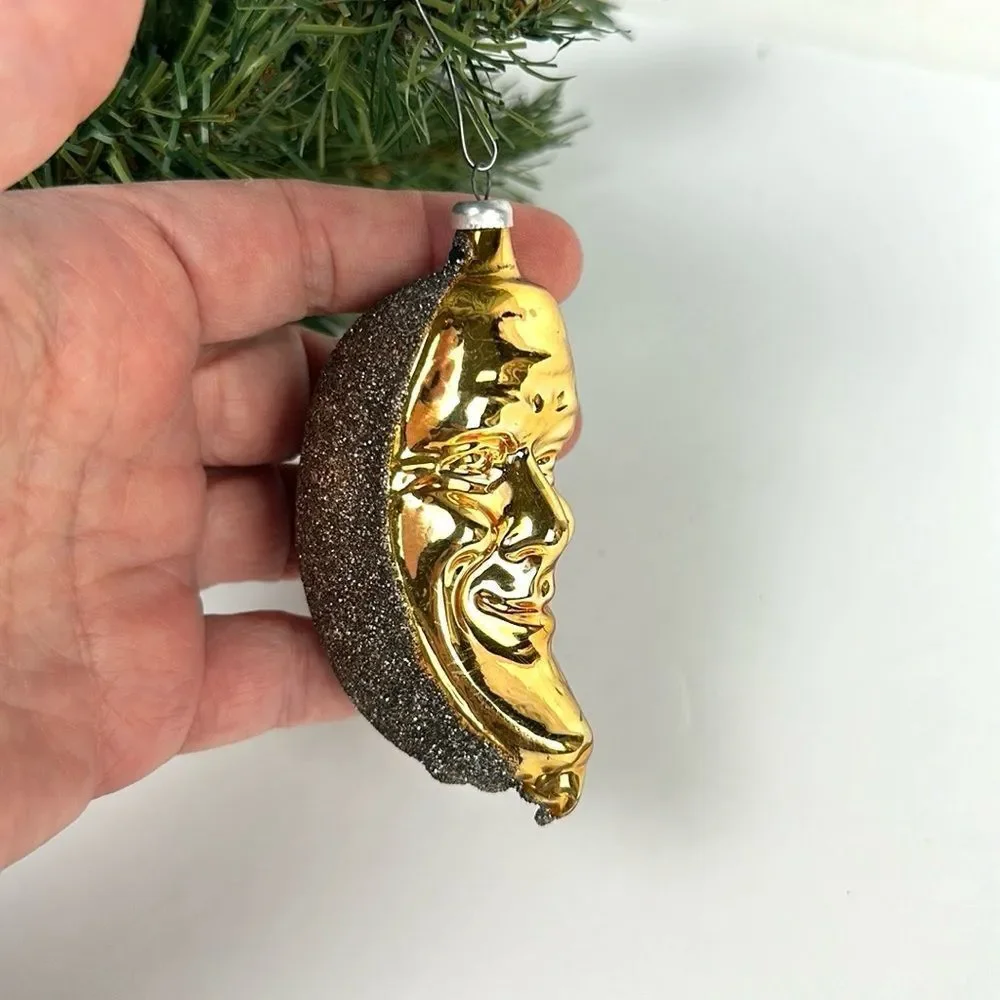 Blown Glass Christmas Ornament Shimmering Crescent Moon Face Gold  Germany Vtg
